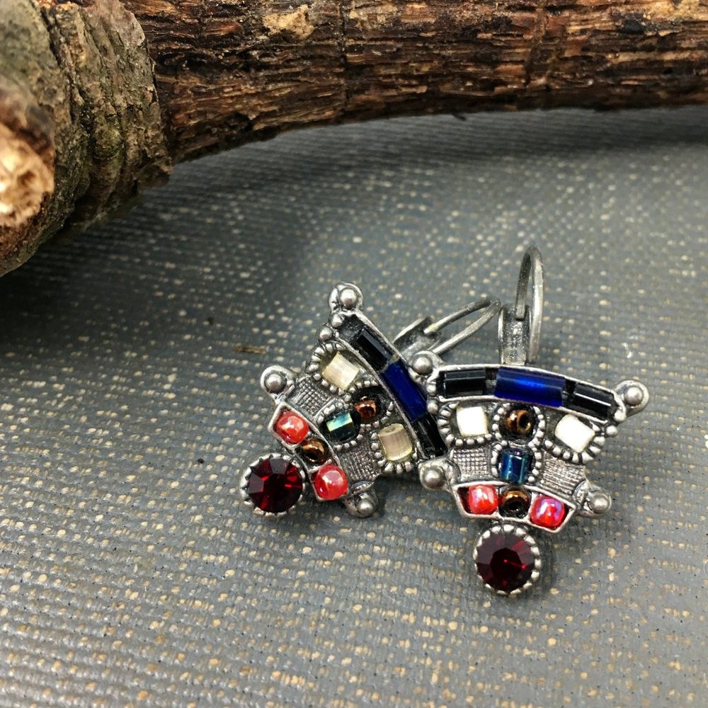 Multi-Colored Beaded Crystal Mosaic Pewter Tone Leverback Triangle Drop Earrings